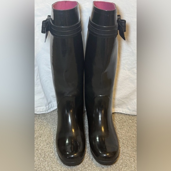 Kate Spade Women's Sz 9 Randi Black Gloss Rubber Heeled Knee High Rain Boots - Picture 4 of 11